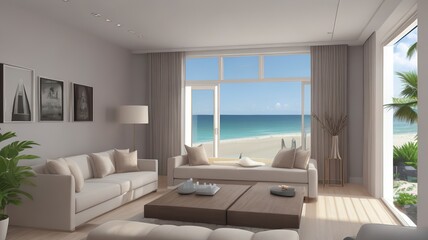 Sofa near blank picture frame on white wall of living room in modern house or luxury hotel. Cozy home interior 3d rendering with beach and sea view