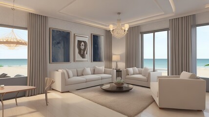 Sofa near blank picture frame on white wall of living room in modern house or luxury hotel. Cozy home interior 3d rendering with beach and sea view