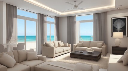 Sofa near blank picture frame on white wall of living room in modern house or luxury hotel. Cozy home interior 3d rendering with beach and sea view