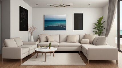 Naklejka na ściany i meble Sofa near blank picture frame on white wall of living room in modern house or luxury hotel. Cozy home interior 3d rendering with beach and sea view