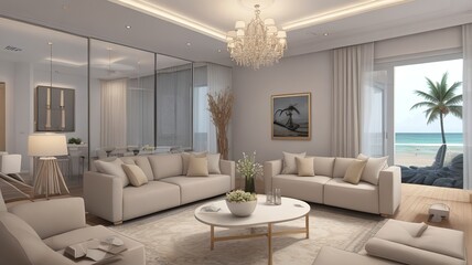 Sofa near blank picture frame on white wall of living room in modern house or luxury hotel. Cozy home interior 3d rendering with beach and sea view