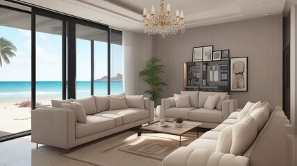 Sofa near blank picture frame on white wall of living room in modern house or luxury hotel. Cozy home interior 3d rendering with beach and sea view