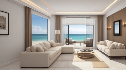 Sofa near blank picture frame on white wall of living room in modern house or luxury hotel. Cozy home interior 3d rendering with beach and sea view