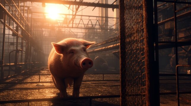 Sad artwork of a pig in a cage on a factory farm.Generative AI