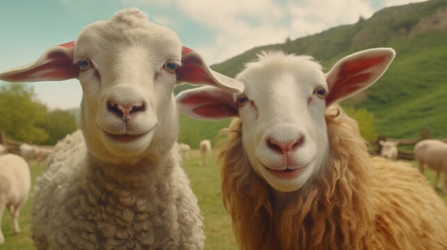 Sheep and goat friends with smiles on their faces.Generative AI.