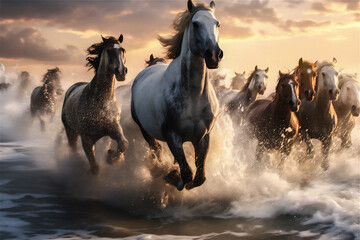 Horses running fast in the beach with dramatic light and sky, giant splash of water, dramatic light and shadow, hyper realistic, hyper detail, winning photo,