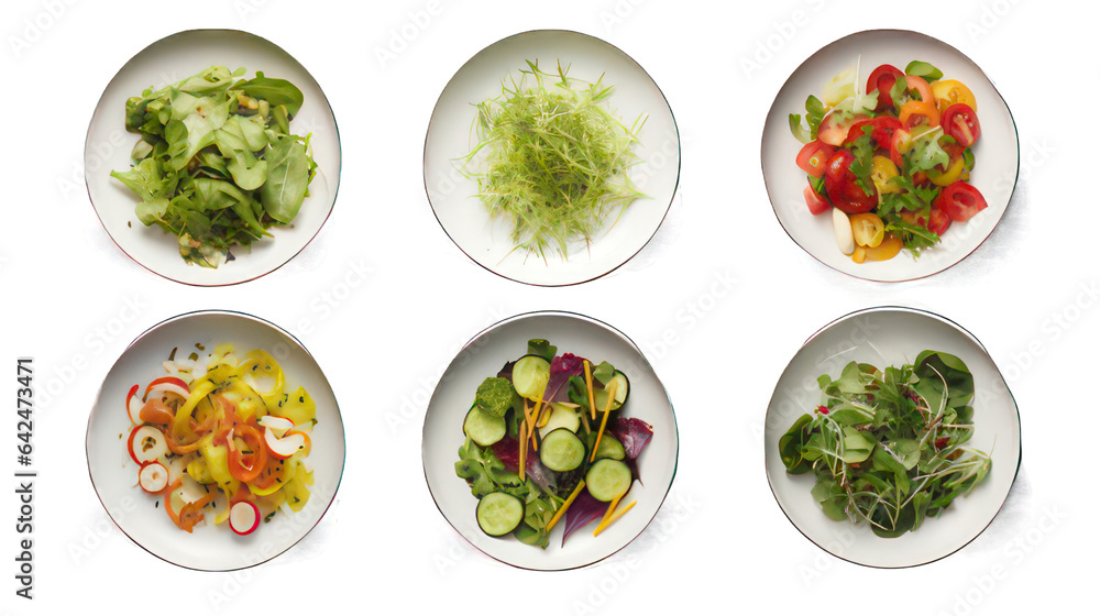 Poster six plates with salad on each plate isolated on white created with generative ai