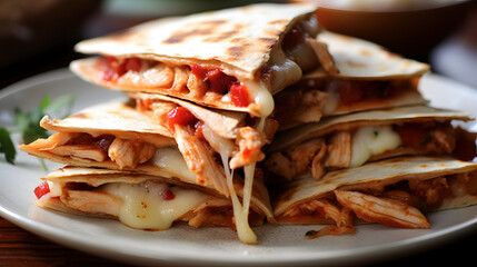 Grilled chicken and vegetable quesadilla with melted cheese and sals