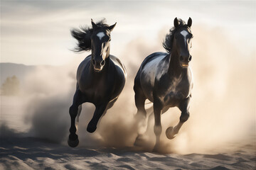 Horses running fast in the desert with dramatic light and sky, dramatic light and shadow, hyper realistic, hyper detail, 