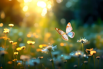 Sunny summer nature background with fly butterfly and wild flowers on Forest glade grass with sunlight and bokeh. beautiful Outdoor nature.