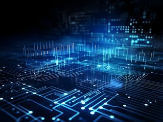 Abtract data and technology concept with dots and line on dark blue background