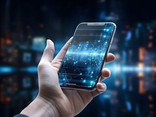 Hand hold smartphone with data and technology background concept