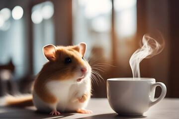 Hamster with a cup of coffee and the fragrance of the morning 