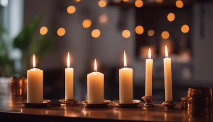Lined white candles against a bokeh background of lights 