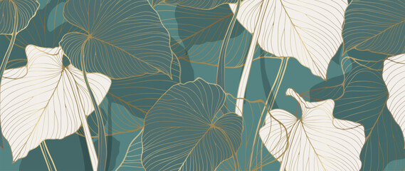 Dark turquoise luxury botanical background with white tropical leaves and golden outline. Abstract background for decor, wallpapers, postcards, covers and presentations, social media posts.