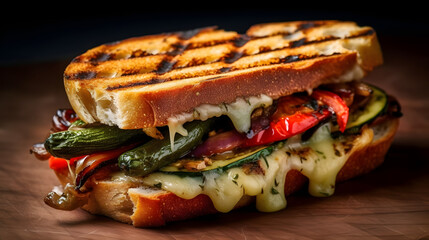 Grilled vegetable sandwich with melted cheese and pesto sprea