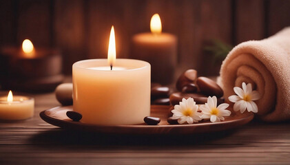 Obraz na płótnie Canvas Scented candles on the table in the spa room Beautiful composition with warm brown tones 