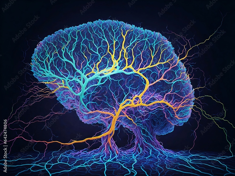 Poster human brain showing intelligent thinking processing. cyber mind concept a neural network of big data