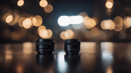 Photographic lens is placed on the ground and the background of the bokeh lights.
