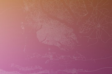 Map of the streets of Porto Novo (Benin) made with white lines on pinkish red gradient background. Top view. 3d render, illustration