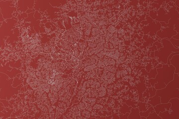 Map of the streets of Yaounde (Cameroon) made with white lines on red background. Top view. 3d render, illustration