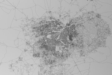 Map of the streets of Ouagadougou (Burkina Faso) made with black lines on grey paper. Top view. 3d render, illustration