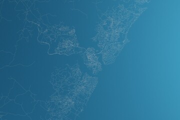 Map of the streets of Mombasa (Kenya) made with white lines on blue paper. Rough background. 3d render, illustration