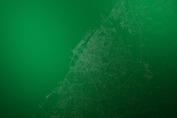 Map of the streets of Benghazi (Libya) made with white lines on abstract green background lit by two lights. Top view. 3d render, illustration