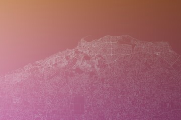 Map of the streets of Tripoli (Libya) made with white lines on pinkish red gradient background. Top view. 3d render, illustration