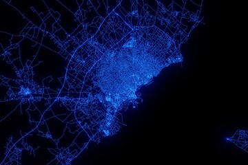 Street map of Sfax (Tunisia) made with blue illumination and glow effect. Top view on roads network
