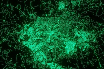 Map of the streets of Harare (Zimbabwe) made with green illumination and glow effect. Top view on roads network. 3d render, illustration