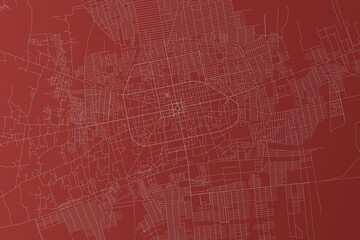 Map of the streets of Mazar-i-Sharif (Afghanistan) made with white lines on red background. Top view. 3d render, illustration