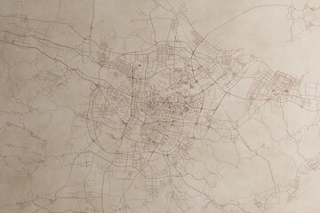 Map of Ningbo (China) on an old vintage sheet of paper. Retro style grunge paper with light coming from right. 3d render
