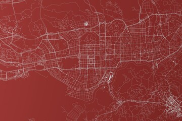 Map of the streets of Shenzhen (China) made with white lines on red background. Top view. 3d render, illustration