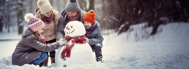 Happy family playing in the snow and making a snowman, copy space. Created with Generative Ai technology.