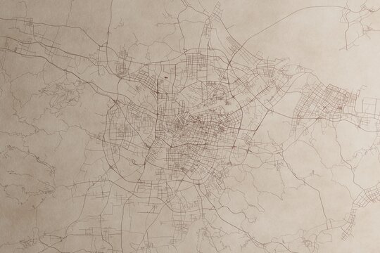 Map of Ningbo (China) on an old vintage sheet of paper. Retro style grunge paper with light coming from right. 3d render