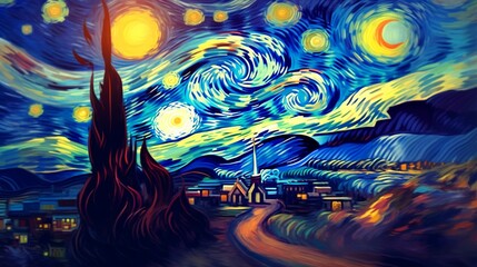 Starry Night by Vincent van Gogh in the style of macar.Generative AI.