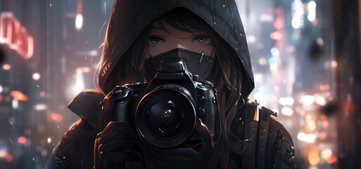Young beautiful female photographer working outdoor in a big sci-fi city, cinematic scenery - Generative AI