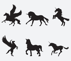 Mythology illustrations set of unicorns silhouette in different poses. Vector pictures of medieval black horses