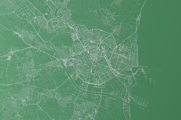 Stylized map of the streets of Valencia (Spain) made with white lines on green background. Top view. 3d render, illustration