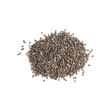 Top view of heap or pile of healthy organic hydrophilic chia seeds isolated on white background rich in omega-3 fatty acids and protein used as food in culinary and vegetarian detox sweet desserts