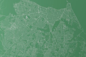 Stylized map of the streets of Fortaleza (Brazil) made with white lines on green background. Top view. 3d render, illustration