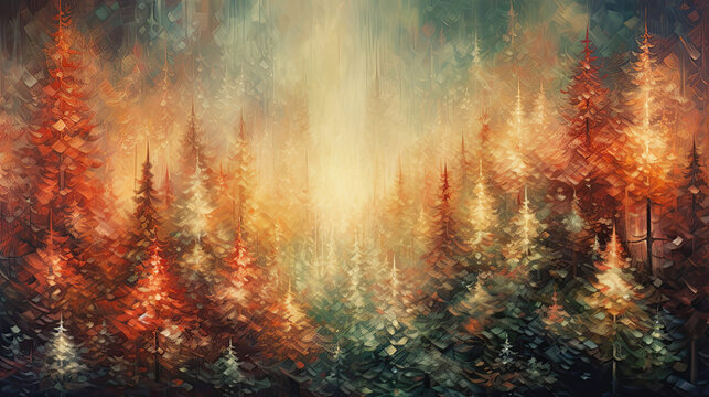 Fairytale forest of Christmas trees in festive red and green tones, with space for text. Digital painting.