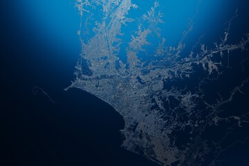 Street map of Lima (Peru) engraved on blue metal background. View with light coming from top. 3d render, illustration