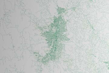 Map of the streets of Medellin (Colombia) made with green lines on white paper. 3d render, illustration