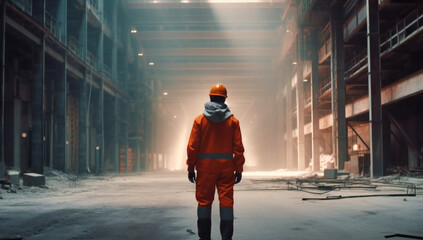 A construction worker in front of a construction site