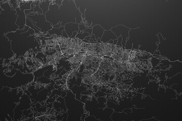 Street map of Caracas (Venezuela) on black paper with light coming from top