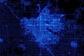 Street map of Fresno (California, USA) made with blue illumination and glow effect. Top view on roads network