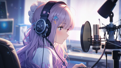 Beautiful young woman working inside her luxury studio, recording material to her social media - Generative AI