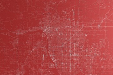 Map of the streets of Tulsa (Oklahoma, USA) made with white lines on red paper. Top view, rough background. 3d render, illustration